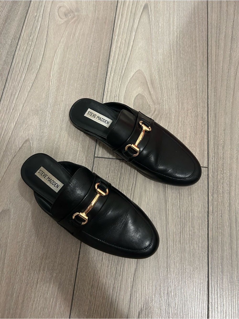 Steve Madden Black Leather Slip-On Mules with Gold Horsebit
